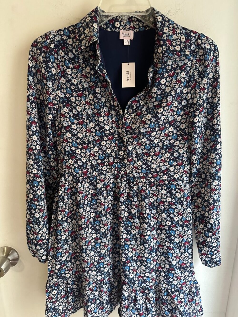 NWT Franki by Francesca’s Youth Girls 14 Floral Shirt Dress Navy Long Sleeve